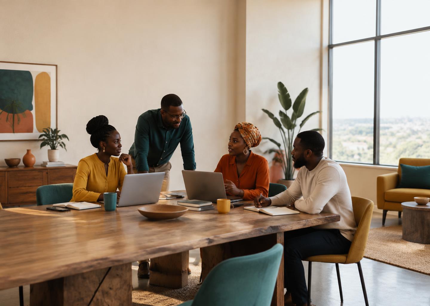 The Unathi team collaborating around a shared table in a bright, warm workspace