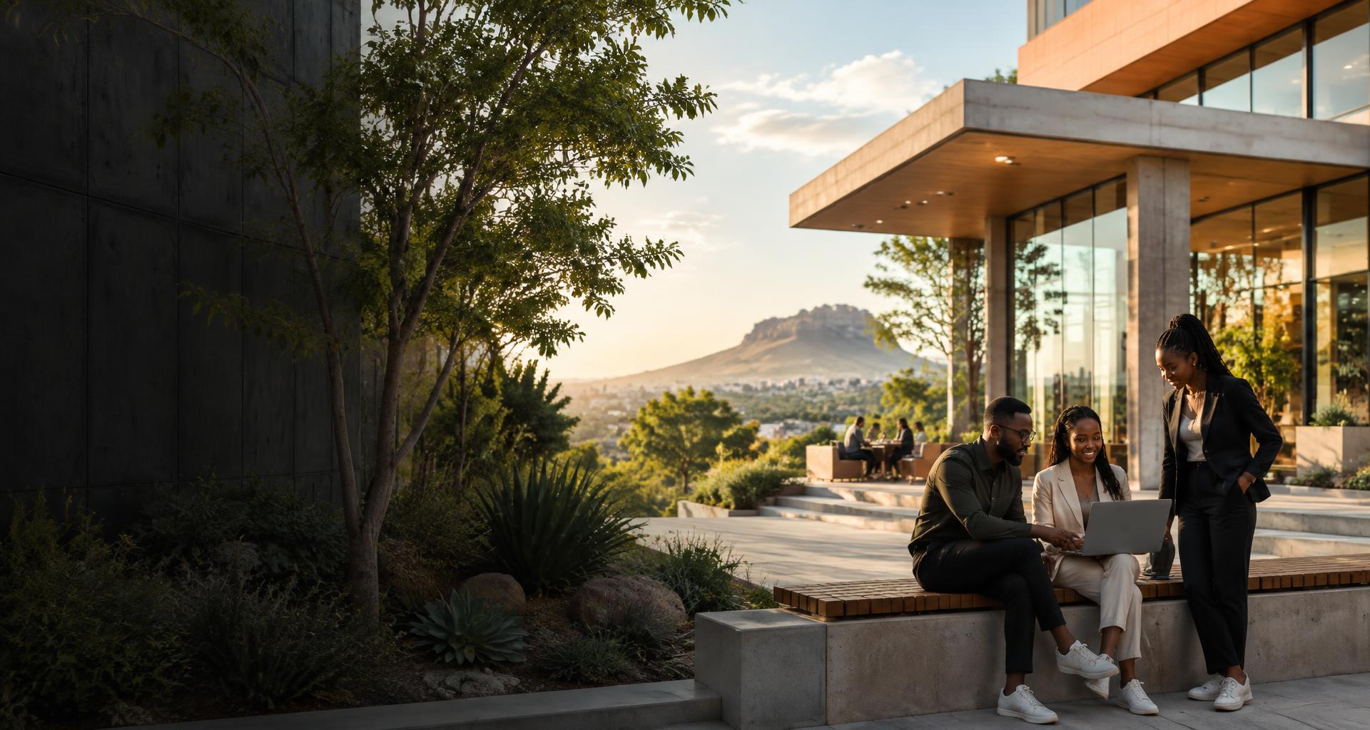 An imagined contemporary African innovation space, with professionals collaborating outdoors